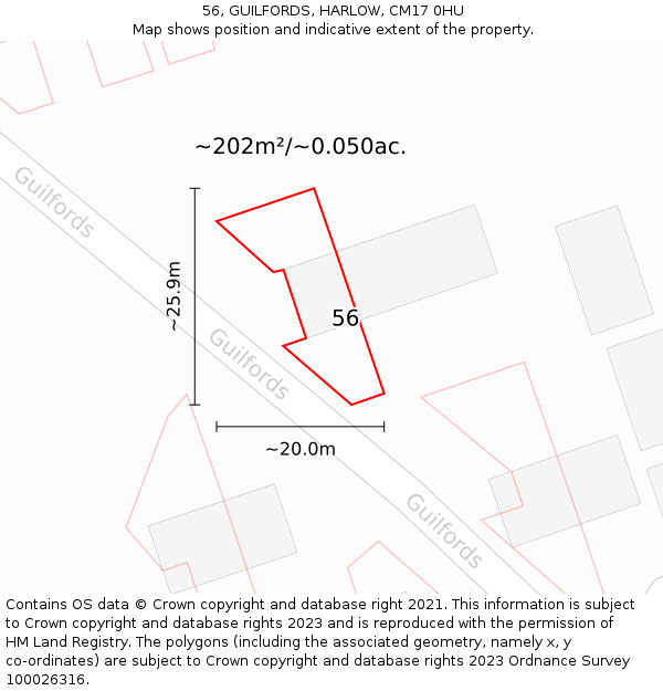 56, GUILFORDS, HARLOW, CM17 0HU: Plot and title map