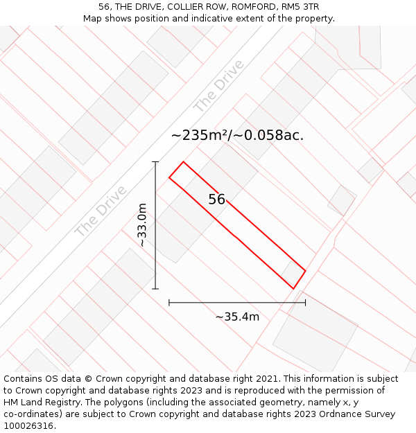 56, THE DRIVE, COLLIER ROW, ROMFORD, RM5 3TR: Plot and title map