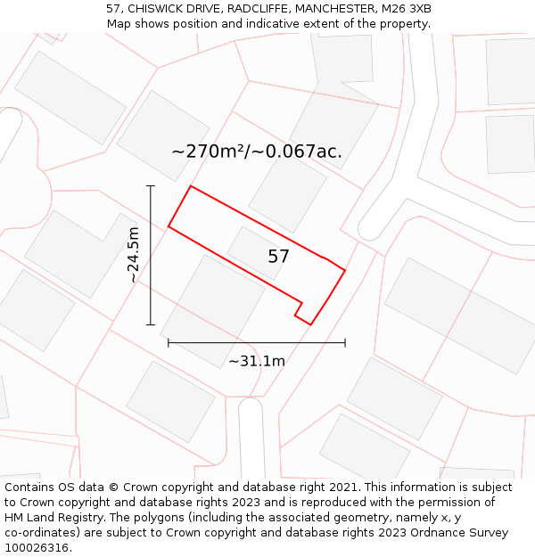 57, CHISWICK DRIVE, RADCLIFFE, MANCHESTER, M26 3XB: Plot and title map
