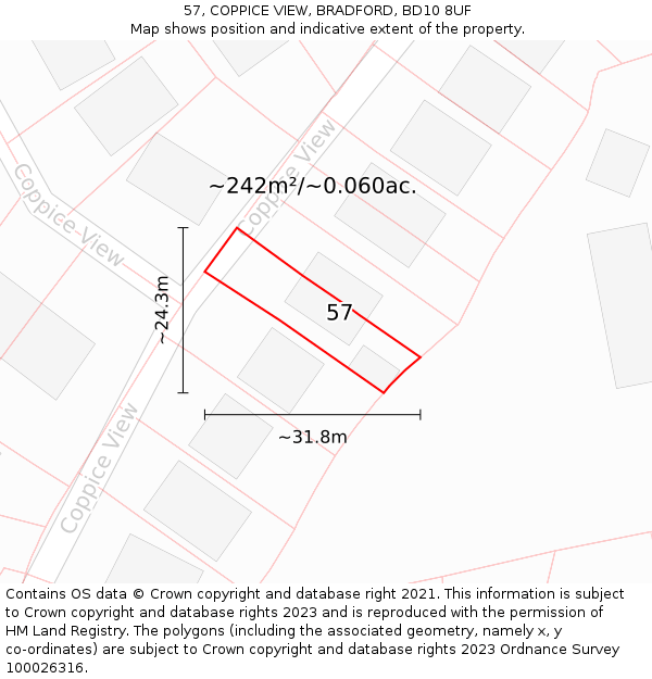 57, COPPICE VIEW, BRADFORD, BD10 8UF: Plot and title map