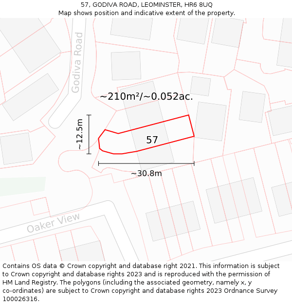 57, GODIVA ROAD, LEOMINSTER, HR6 8UQ: Plot and title map