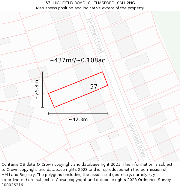 57, HIGHFIELD ROAD, CHELMSFORD, CM1 2NG: Plot and title map