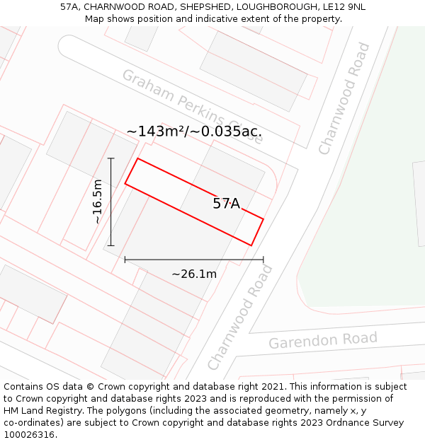 57A, CHARNWOOD ROAD, SHEPSHED, LOUGHBOROUGH, LE12 9NL: Plot and title map