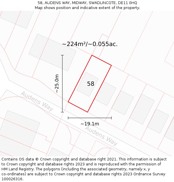 58, AUDENS WAY, MIDWAY, SWADLINCOTE, DE11 0HQ: Plot and title map