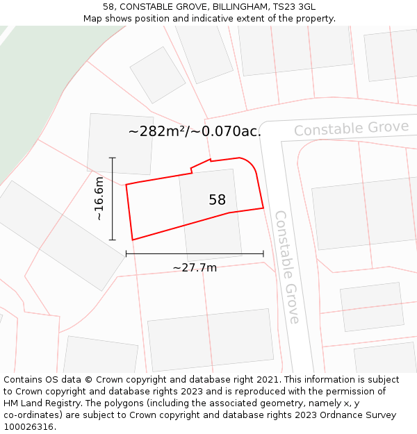 58, CONSTABLE GROVE, BILLINGHAM, TS23 3GL: Plot and title map