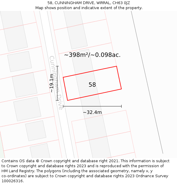 58, CUNNINGHAM DRIVE, WIRRAL, CH63 0JZ: Plot and title map