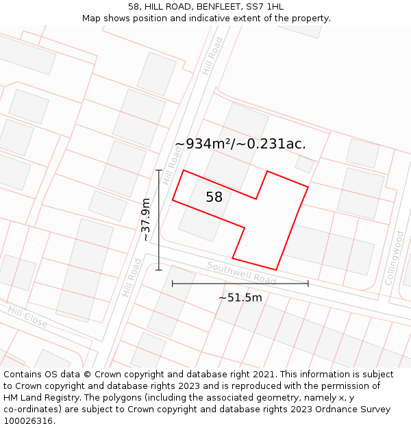 58, HILL ROAD, BENFLEET, SS7 1HL: Plot and title map