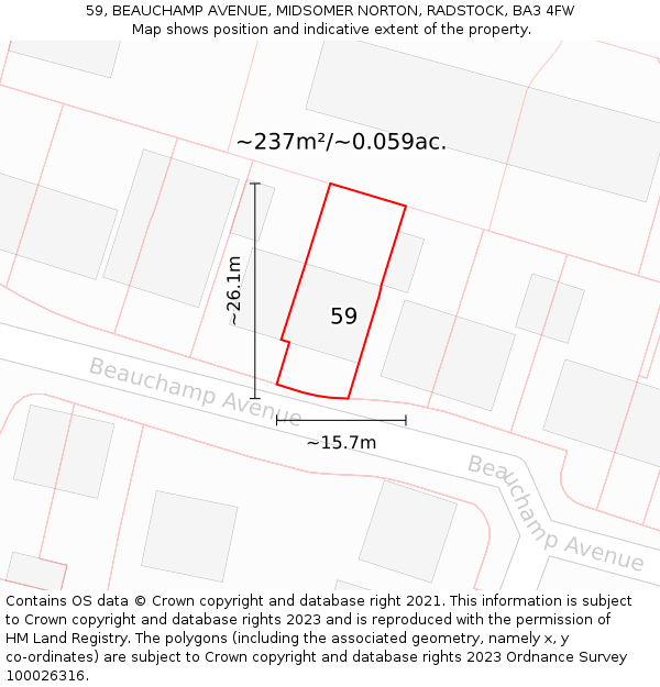 59, BEAUCHAMP AVENUE, MIDSOMER NORTON, RADSTOCK, BA3 4FW: Plot and title map