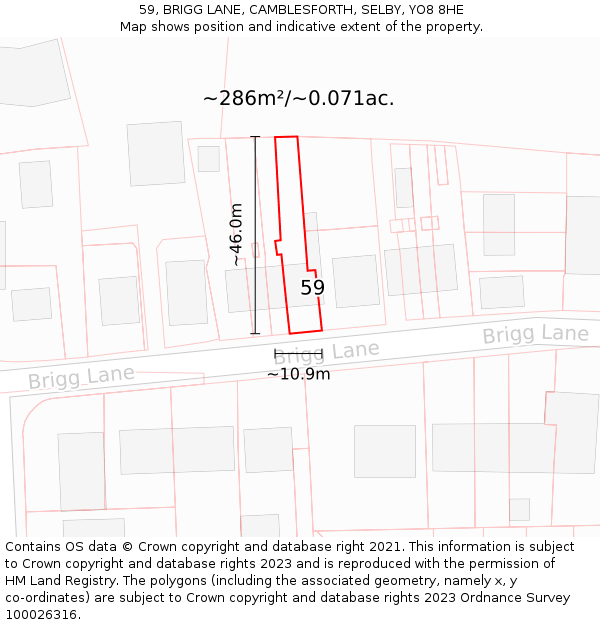 59, BRIGG LANE, CAMBLESFORTH, SELBY, YO8 8HE: Plot and title map
