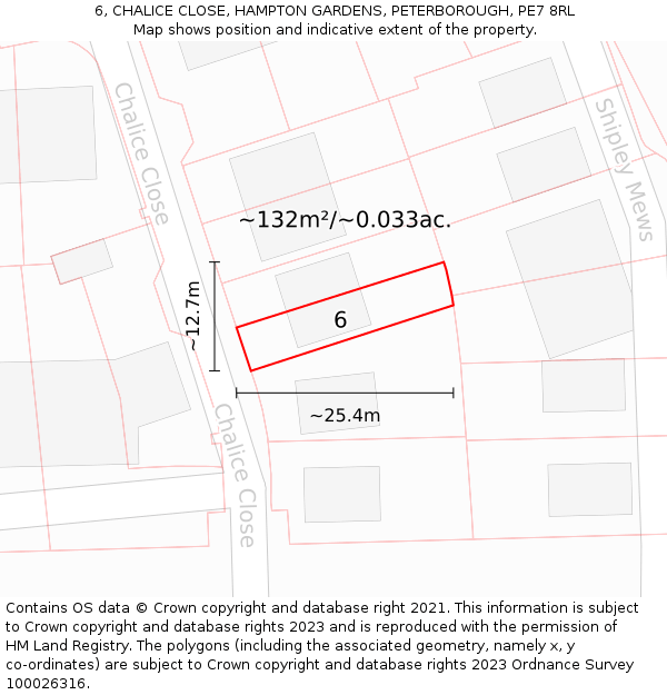 6, CHALICE CLOSE, HAMPTON GARDENS, PETERBOROUGH, PE7 8RL: Plot and title map