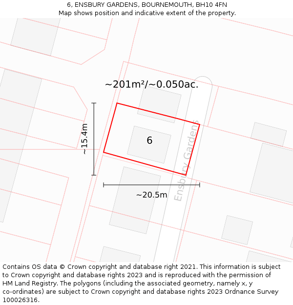 6, ENSBURY GARDENS, BOURNEMOUTH, BH10 4FN: Plot and title map