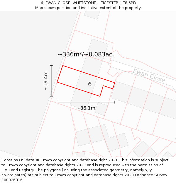 6, EWAN CLOSE, WHETSTONE, LEICESTER, LE8 6PB: Plot and title map