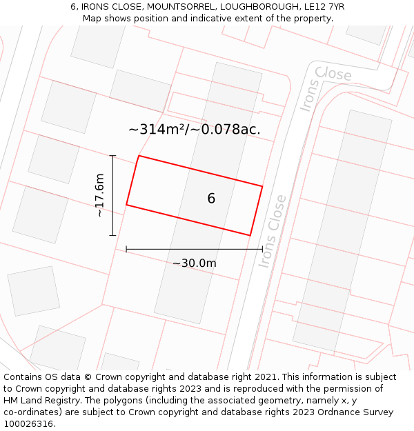 6, IRONS CLOSE, MOUNTSORREL, LOUGHBOROUGH, LE12 7YR: Plot and title map