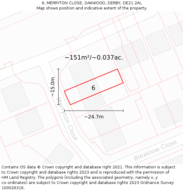 6, MERRYTON CLOSE, OAKWOOD, DERBY, DE21 2AL: Plot and title map