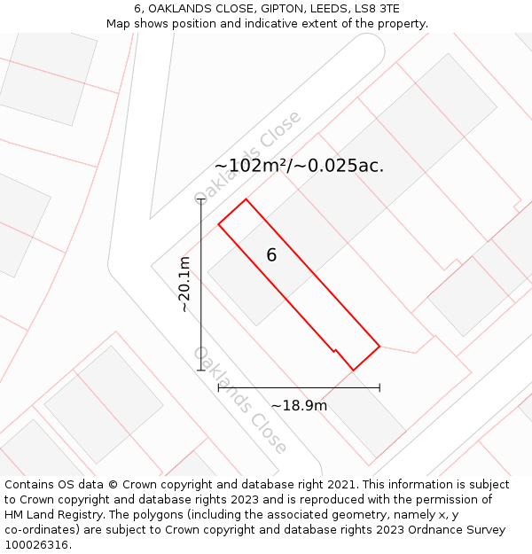 6, OAKLANDS CLOSE, GIPTON, LEEDS, LS8 3TE: Plot and title map