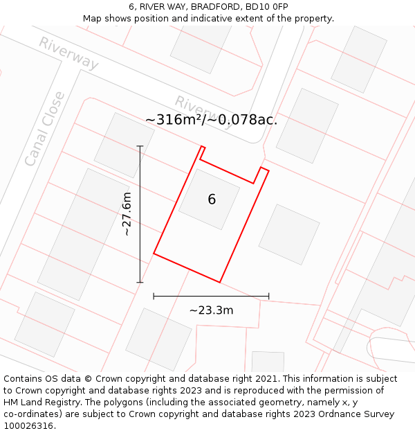 6, RIVER WAY, BRADFORD, BD10 0FP: Plot and title map