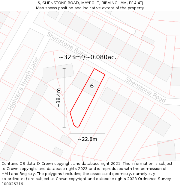 6, SHENSTONE ROAD, MAYPOLE, BIRMINGHAM, B14 4TJ: Plot and title map