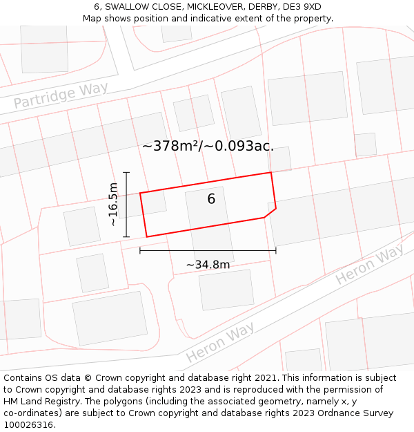 6, SWALLOW CLOSE, MICKLEOVER, DERBY, DE3 9XD: Plot and title map