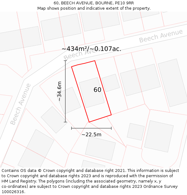 60, BEECH AVENUE, BOURNE, PE10 9RR: Plot and title map