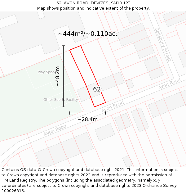 62, AVON ROAD, DEVIZES, SN10 1PT: Plot and title map