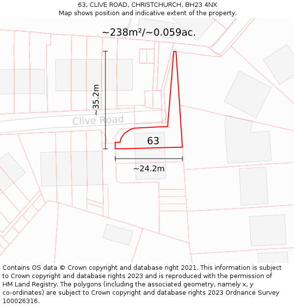 63, CLIVE ROAD, CHRISTCHURCH, BH23 4NX: Plot and title map