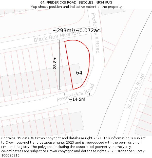 64, FREDERICKS ROAD, BECCLES, NR34 9UG: Plot and title map