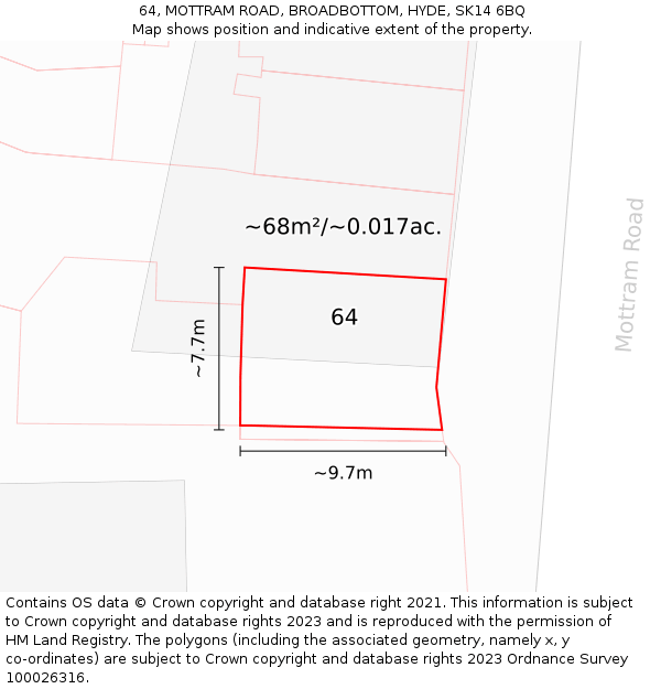 64, MOTTRAM ROAD, BROADBOTTOM, HYDE, SK14 6BQ: Plot and title map