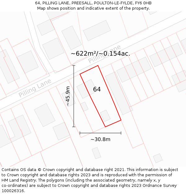 64, PILLING LANE, PREESALL, POULTON-LE-FYLDE, FY6 0HB: Plot and title map
