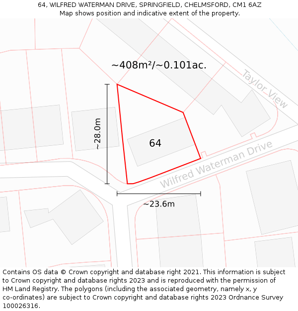 64, WILFRED WATERMAN DRIVE, SPRINGFIELD, CHELMSFORD, CM1 6AZ: Plot and title map