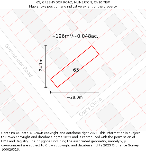 65, GREENMOOR ROAD, NUNEATON, CV10 7EW: Plot and title map
