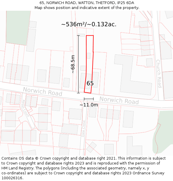 65, NORWICH ROAD, WATTON, THETFORD, IP25 6DA: Plot and title map