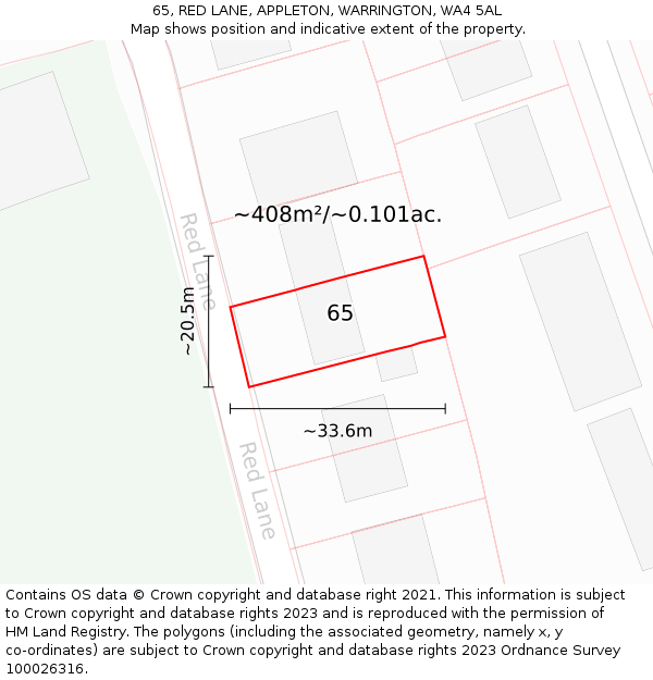 65, RED LANE, APPLETON, WARRINGTON, WA4 5AL: Plot and title map