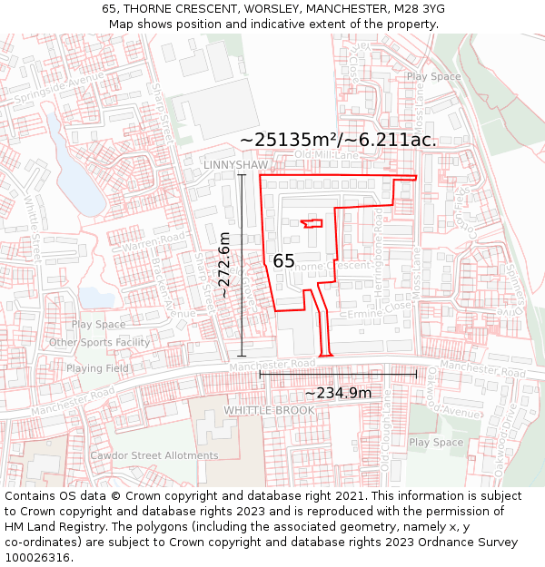 65, THORNE CRESCENT, WORSLEY, MANCHESTER, M28 3YG: Plot and title map