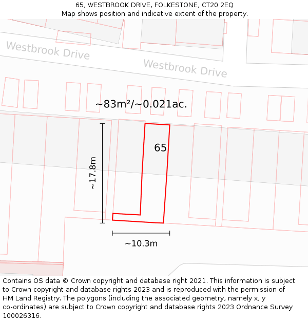 65, WESTBROOK DRIVE, FOLKESTONE, CT20 2EQ: Plot and title map