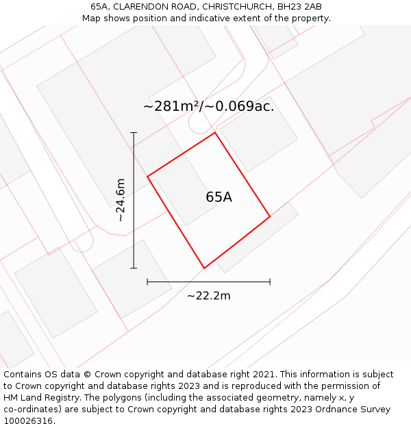 65A, CLARENDON ROAD, CHRISTCHURCH, BH23 2AB: Plot and title map