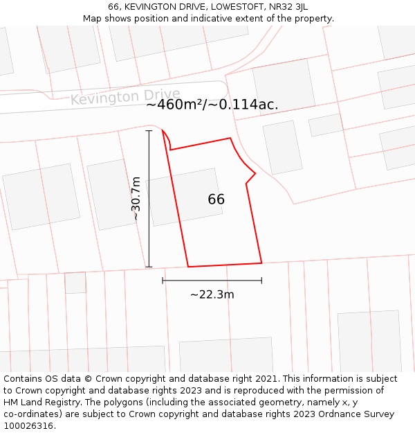 66, KEVINGTON DRIVE, LOWESTOFT, NR32 3JL: Plot and title map