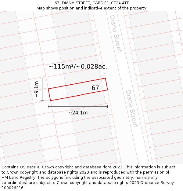 67, DIANA STREET, CARDIFF, CF24 4TT: Plot and title map