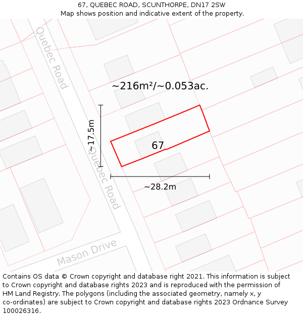 67, QUEBEC ROAD, SCUNTHORPE, DN17 2SW: Plot and title map