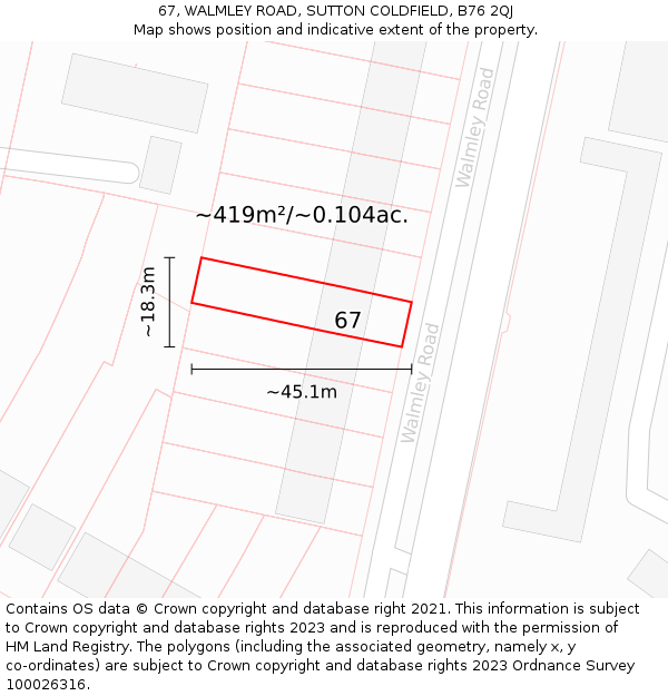 67, WALMLEY ROAD, SUTTON COLDFIELD, B76 2QJ: Plot and title map