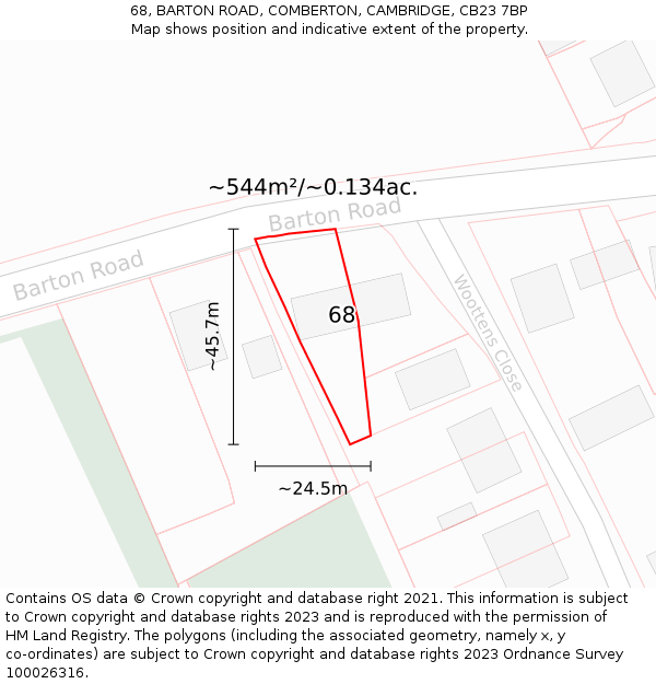 68, BARTON ROAD, COMBERTON, CAMBRIDGE, CB23 7BP: Plot and title map