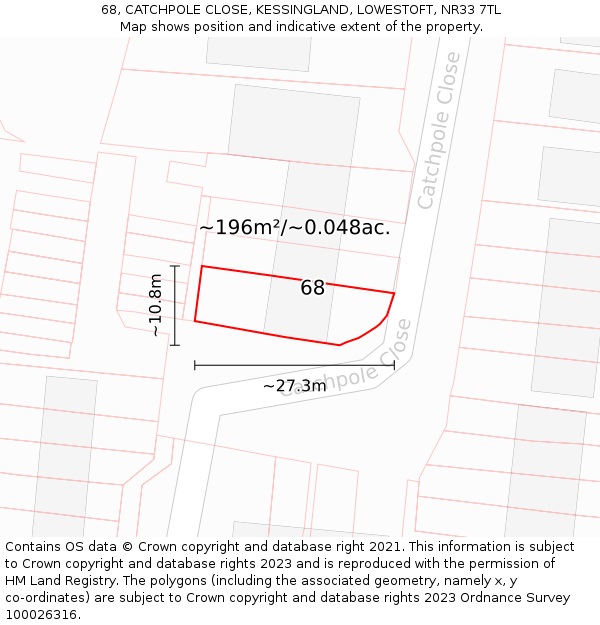 68, CATCHPOLE CLOSE, KESSINGLAND, LOWESTOFT, NR33 7TL: Plot and title map