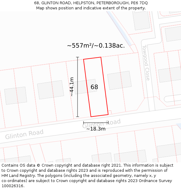68, GLINTON ROAD, HELPSTON, PETERBOROUGH, PE6 7DQ: Plot and title map