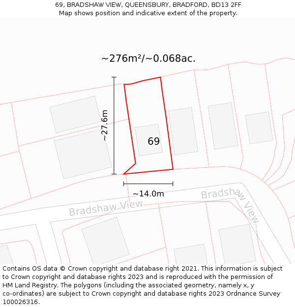 69, BRADSHAW VIEW, QUEENSBURY, BRADFORD, BD13 2FF: Plot and title map