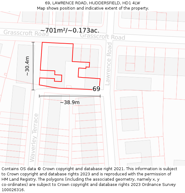 69, LAWRENCE ROAD, HUDDERSFIELD, HD1 4LW: Plot and title map