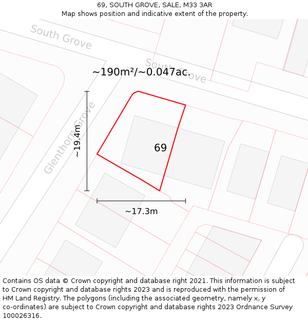 69, SOUTH GROVE, SALE, M33 3AR: Plot and title map
