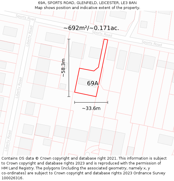 69A, SPORTS ROAD, GLENFIELD, LEICESTER, LE3 8AN: Plot and title map