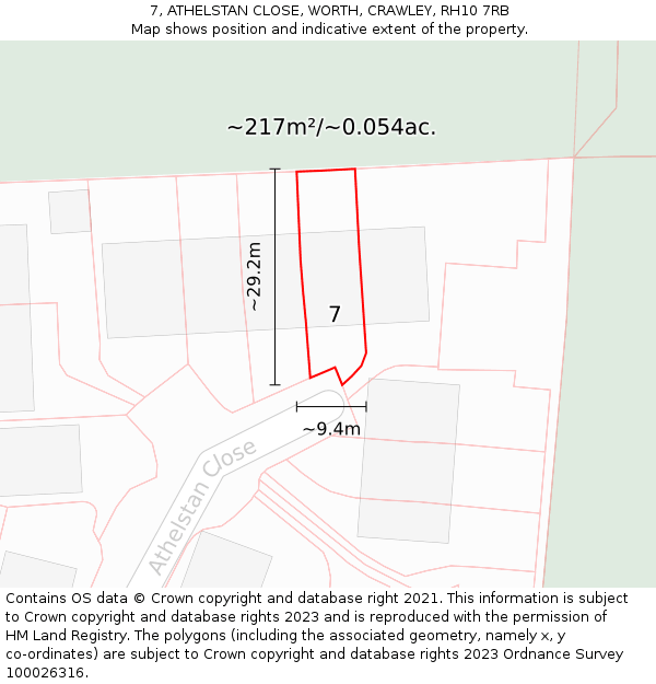7, ATHELSTAN CLOSE, WORTH, CRAWLEY, RH10 7RB: Plot and title map