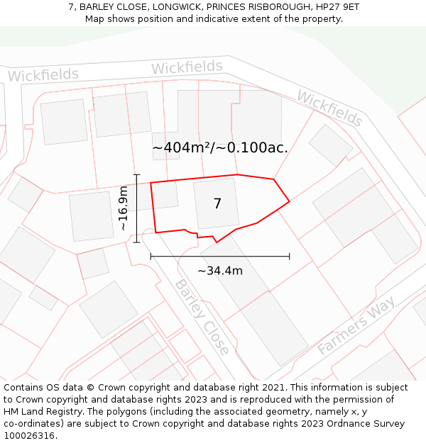 7, BARLEY CLOSE, LONGWICK, PRINCES RISBOROUGH, HP27 9ET: Plot and title map