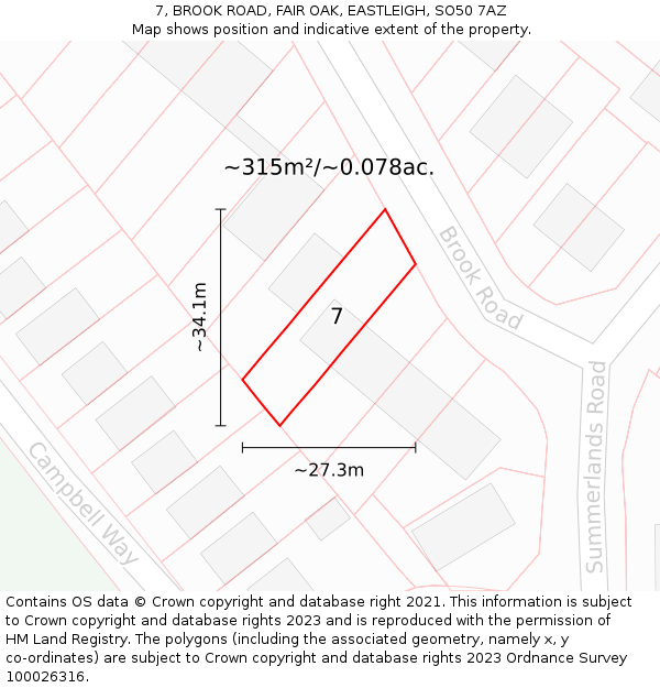 7, BROOK ROAD, FAIR OAK, EASTLEIGH, SO50 7AZ: Plot and title map