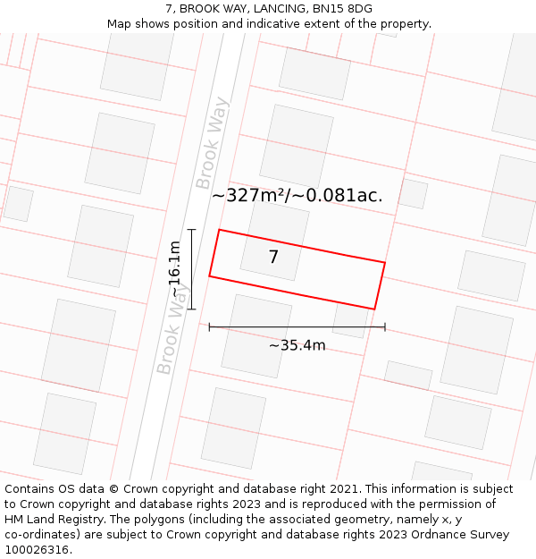 7, BROOK WAY, LANCING, BN15 8DG: Plot and title map